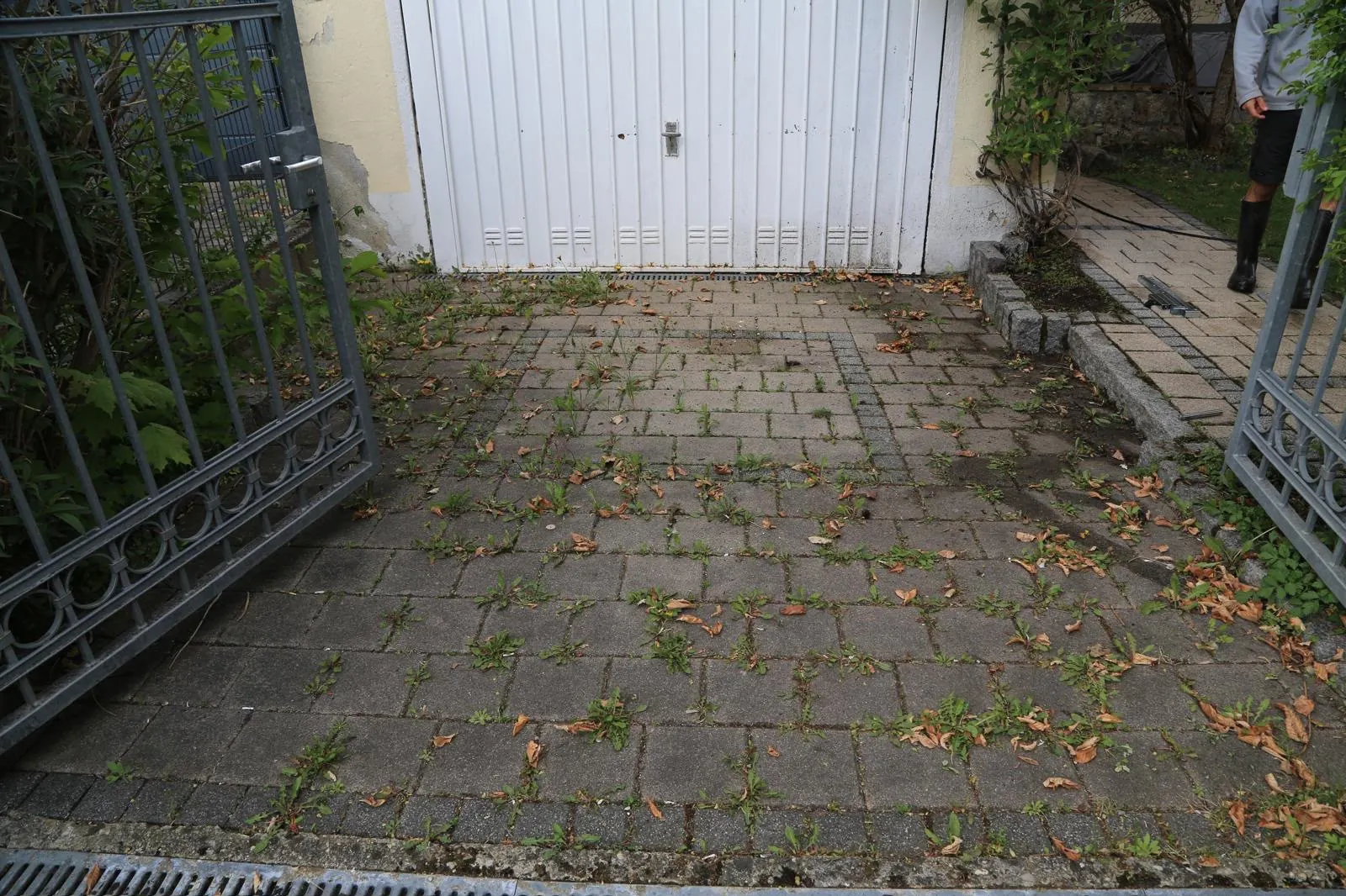 Pflastereinfahrt in München vor der Reinigung mit stark bewachsenen, verschmutzten Pflasterfugen